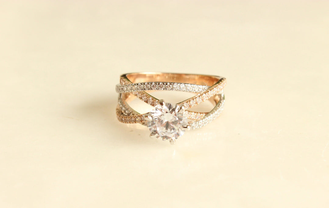 Solitaire Diamond Ring, Moissanite Engagement Ring, Crossover Shank Diamond Ring, Dual Tone, 14k Solid Gold, Gift For Her