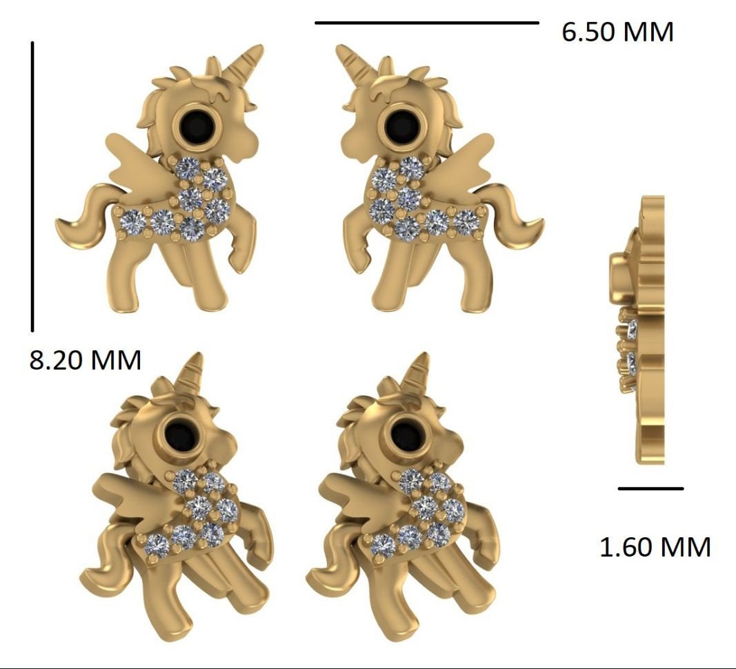 Kids Unicorn Diamond Stud Earrings, 14k Solid Gold, Natural Diamonds, Kids Jewelry, Gift for toddlers, girls, and kids