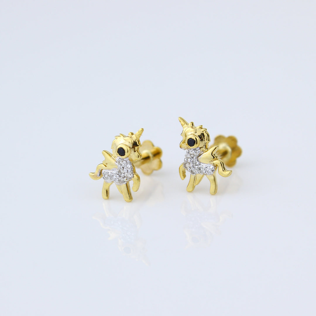 Kids Unicorn Diamond Stud Earrings, 14k Solid Gold, Natural Diamonds, Kids Jewelry, Gift for toddlers, girls, and kids