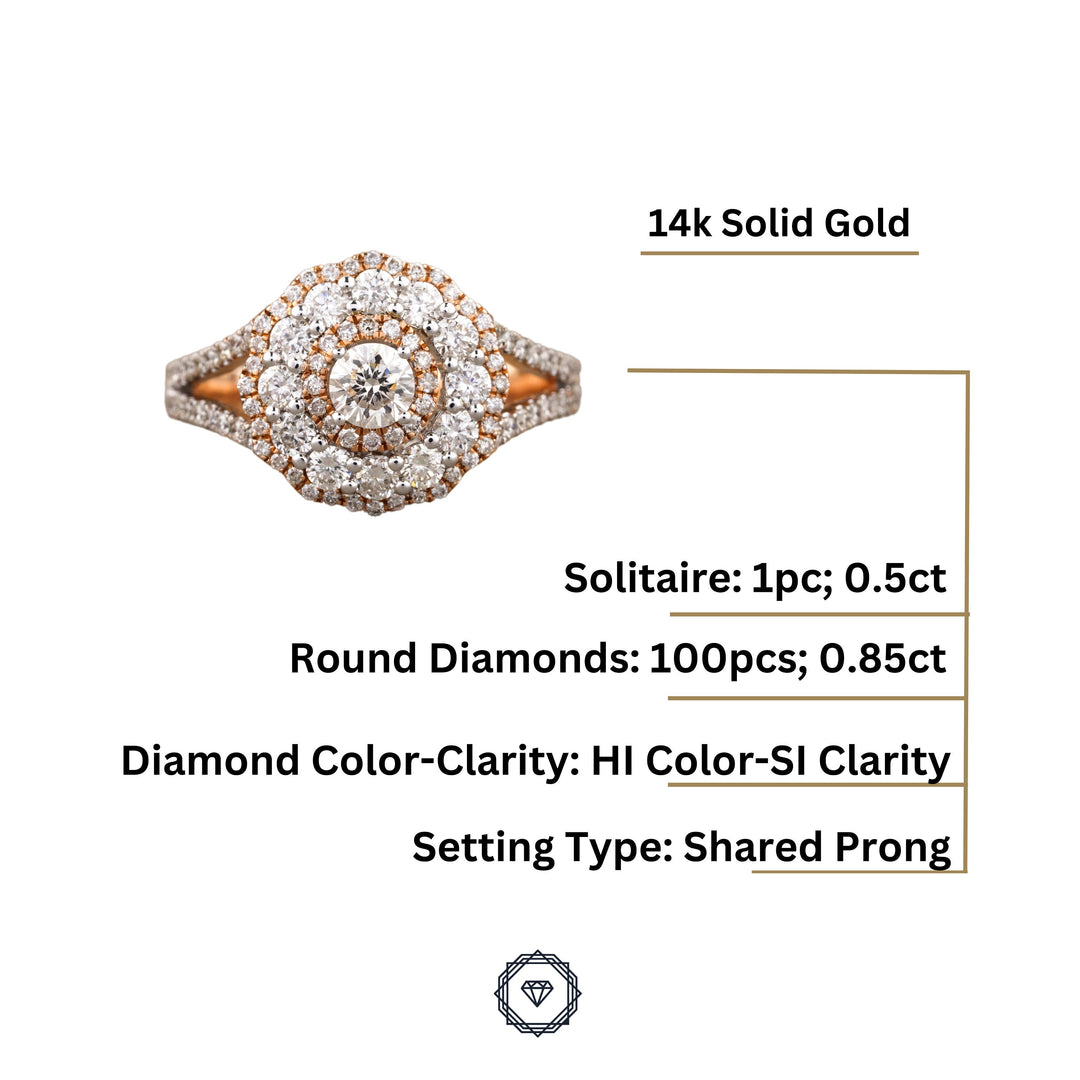 Round Solitaire Flower Diamond Ring in 14K Solid Gold, Natural Diamonds, Gift for her