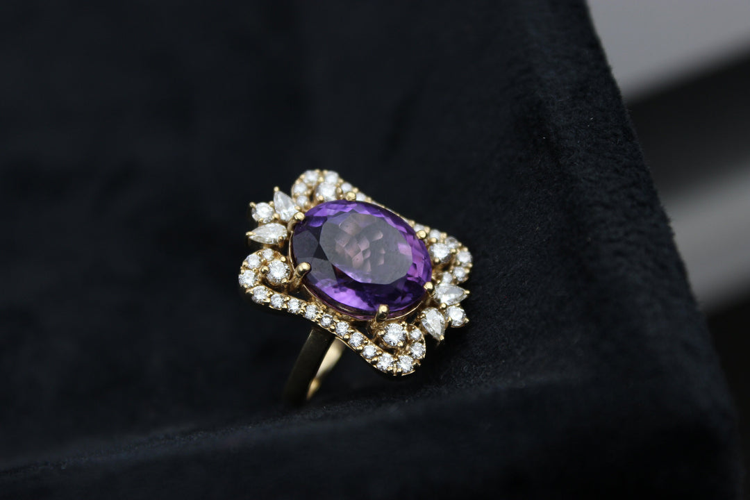 Amethyst Diamond Ring, 14k Solid Gold, Natural Diamonds, Cocktail Ring, Faceted Oval Ring, Gemstone Rings, Gift for her