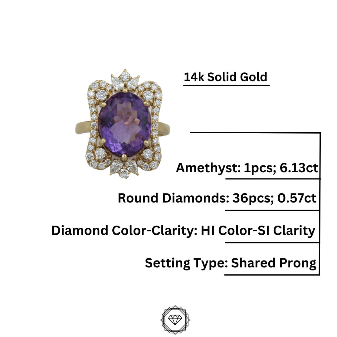 Amethyst Diamond Ring, 14k Solid Gold, Natural Diamonds, Cocktail Ring, Faceted Oval Ring, Gemstone Rings, Gift for her