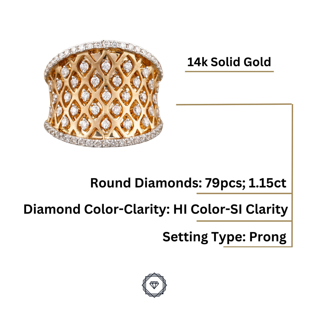 Diamond Cocktail Ring, 14K Solid Gold, Natural Diamonds, Concave Corset Ring, Broad Diamond Band with Matt Effect, Gift for her