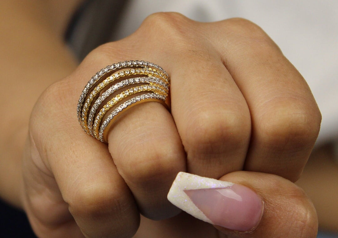 Diamond Wave Lines Band Ring, 14K Solid Gold, Natural Diamond, Two-toned Cocktail Ring, Multiple Lines  Statement Band, Gift For Her