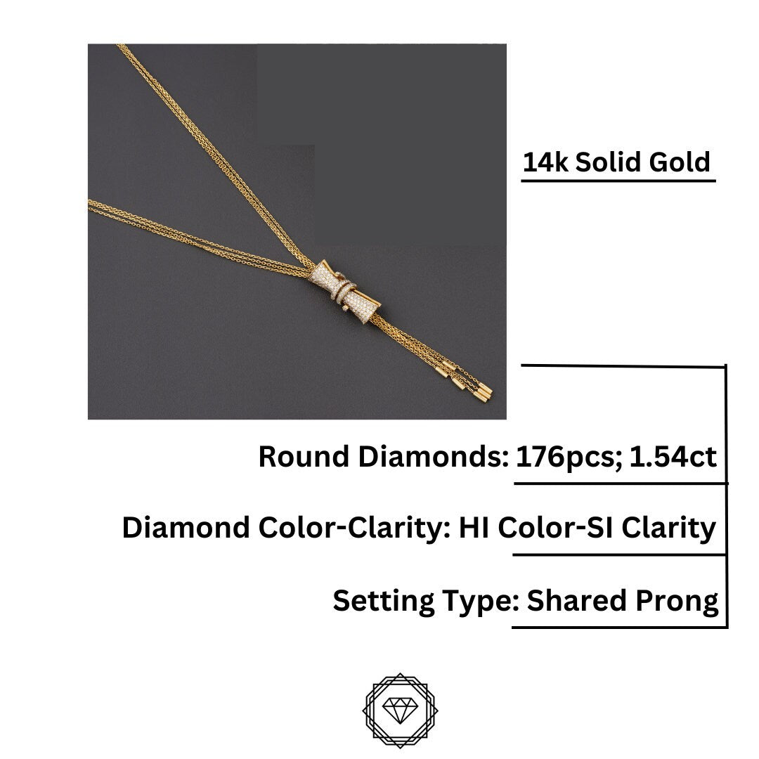 Cylindrical Diamond Charm Necklace with Gold tassels, Multiple Chain Necklace, 14k Solid Gold, Natural Diamonds, Gift For Her