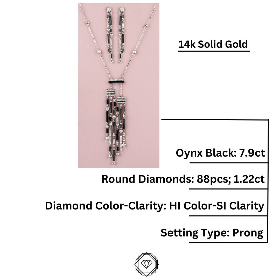 Black Rectangular bars and beads Onyx Diamond Pendant With Earrings, 14k Solid Gold, Natural Diamonds, Gift for her