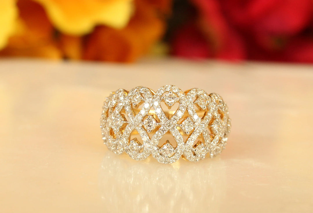 Statement Diamond Ring, 14k Solid Gold Broad Ring, Natural Diamonds, Gift for her, Infinity loop Band, Cocktail Band