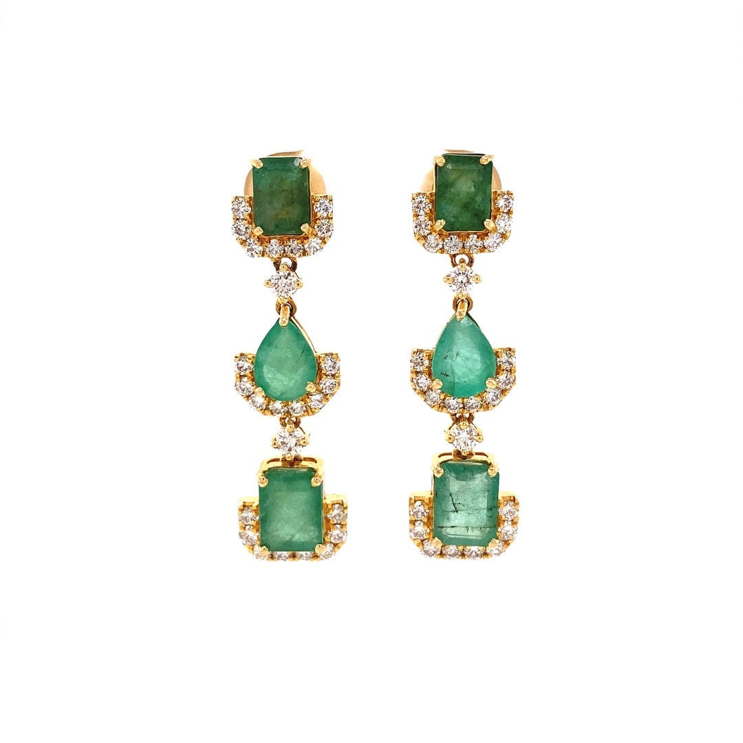 Fancy Emerald Dangle Drop Diamond Earrings, Pear & Emerald Cut Gemstone Earrings, 14k Solid Gold, Natural Diamonds, Gift for her
