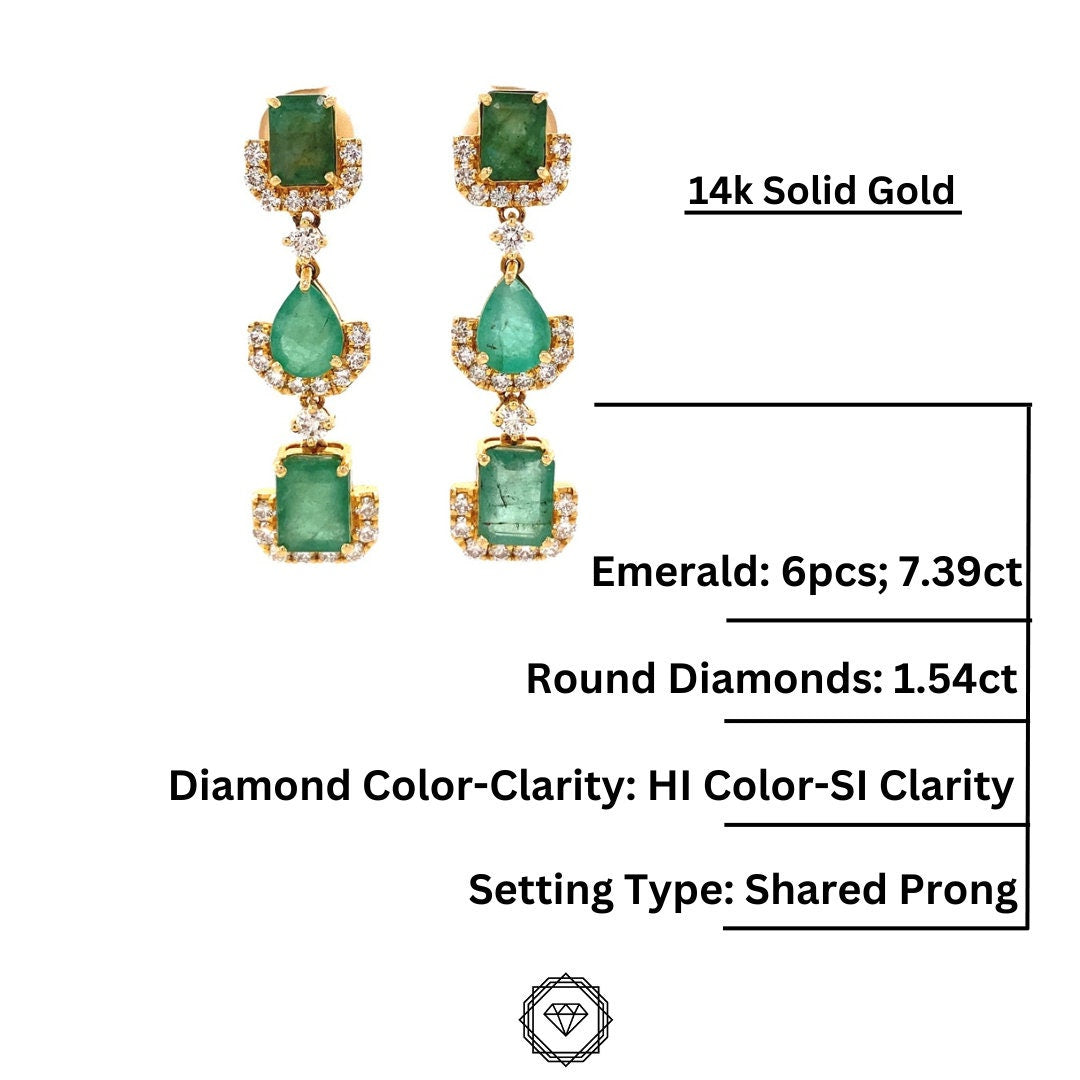 Fancy Emerald Dangle Drop Diamond Earrings, Pear & Emerald Cut Gemstone Earrings, 14k Solid Gold, Natural Diamonds, Gift for her