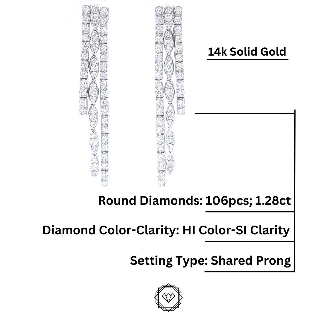 Waterfall Diamond Earrings In 14kt Solid Gold, Asymmetric Triple line Earrings, Natural Diamonds, Gift for her