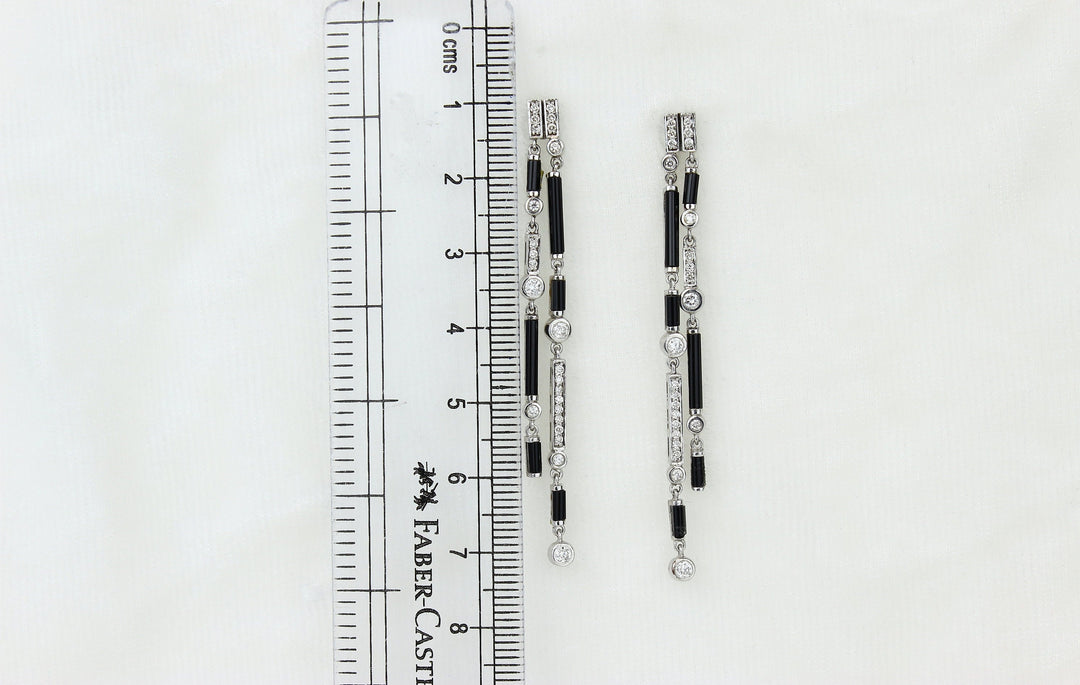 Black Onyx Diamond Dangle Earrings In 14k Solid Gold, Rectangular Bars And Beads With Natural Diamonds, Gift for her