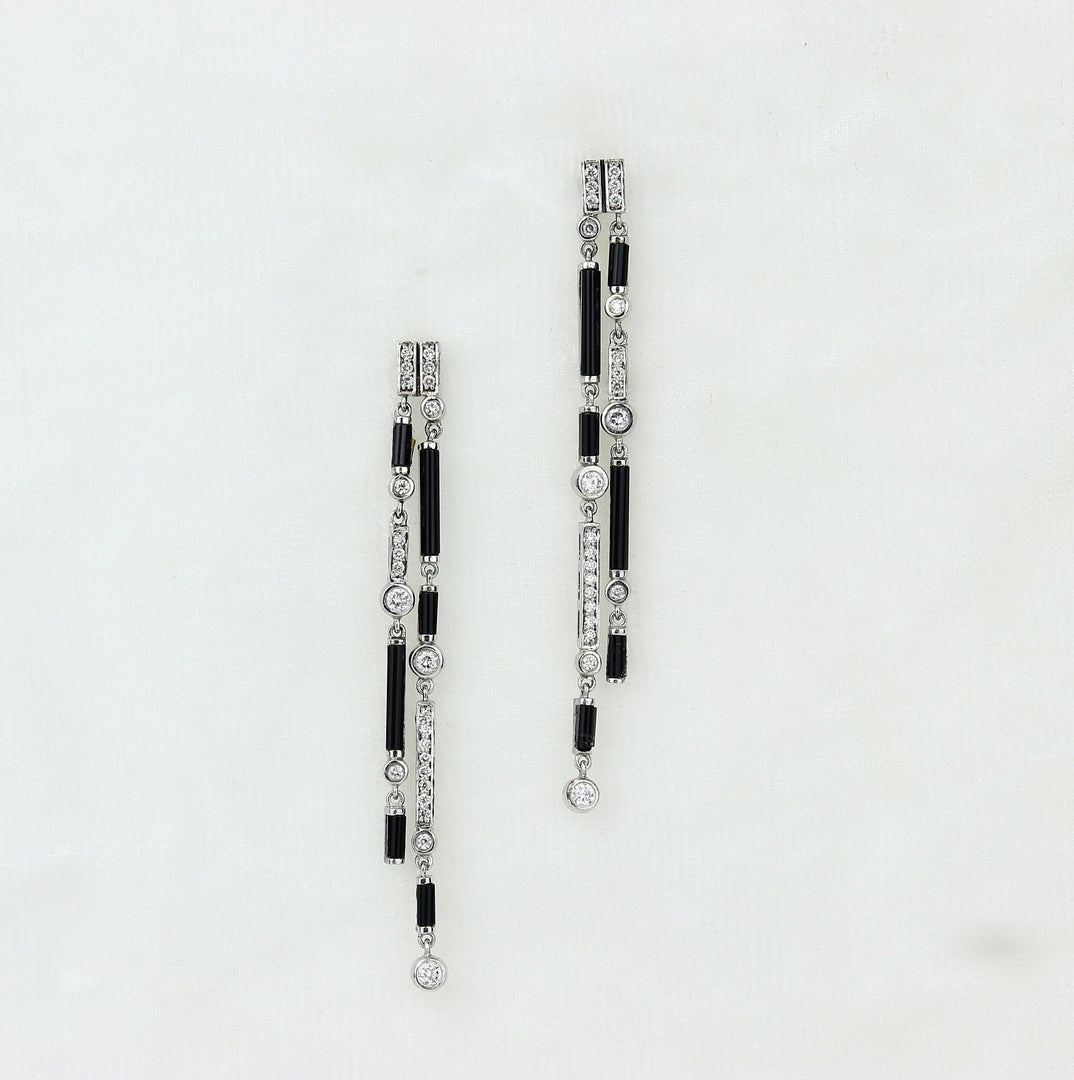 Black Onyx Diamond Dangle Earrings In 14k Solid Gold, Rectangular Bars And Beads With Natural Diamonds, Gift for her