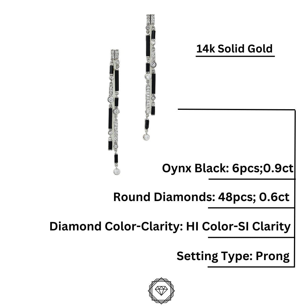 Black Onyx Diamond Dangle Earrings In 14k Solid Gold, Rectangular Bars And Beads With Natural Diamonds, Gift for her