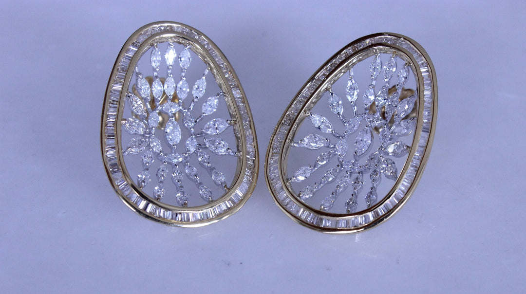 Asymmetrical Design Diamond Earrings, Marquise & Baguette Diamond Earrings, 14k Solid Gold, Natural Diamonds, Dual Tone, Gift for her