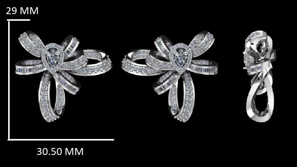 Bow Earrings with Pear Shaped Diamonds, with Baguette Diamond accents, 14k Solid Gold, Natural Diamonds, Dual Tone, Gift for her