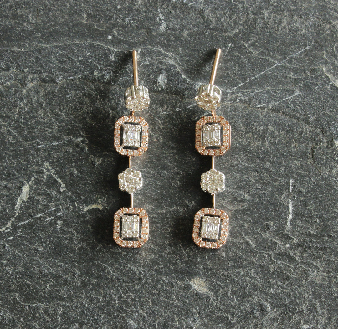 Baguette and Round Diamond Earrings, Illusion Setting Dangle Diamond Earrings, 14K Solid Gold, Dual Toned, Natural Diamonds, Gift for her