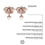 Load image into Gallery viewer, Lotus Design Earrings with White Topaz Gemstone, Classy Pearl Drop Earrings, 14k Solid Gold, Natural Diamonds, Gift For Her
