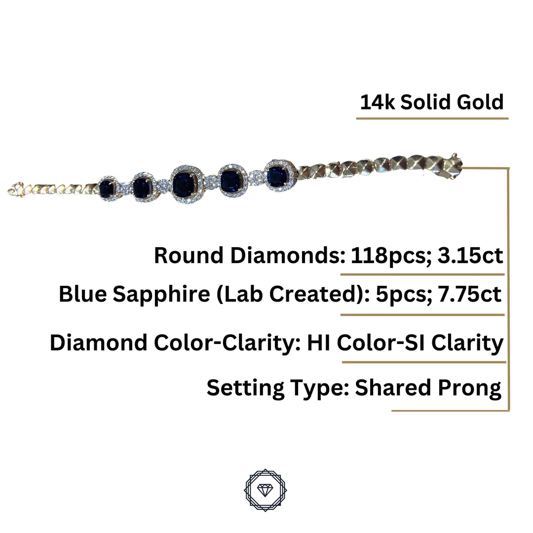 Blue Sapphire Diamond Bracelet, 14k Solid Gold, Gemstone Bracelet, Natural Diamonds, Illusion Set Bracelet, Anniversary Gift for her