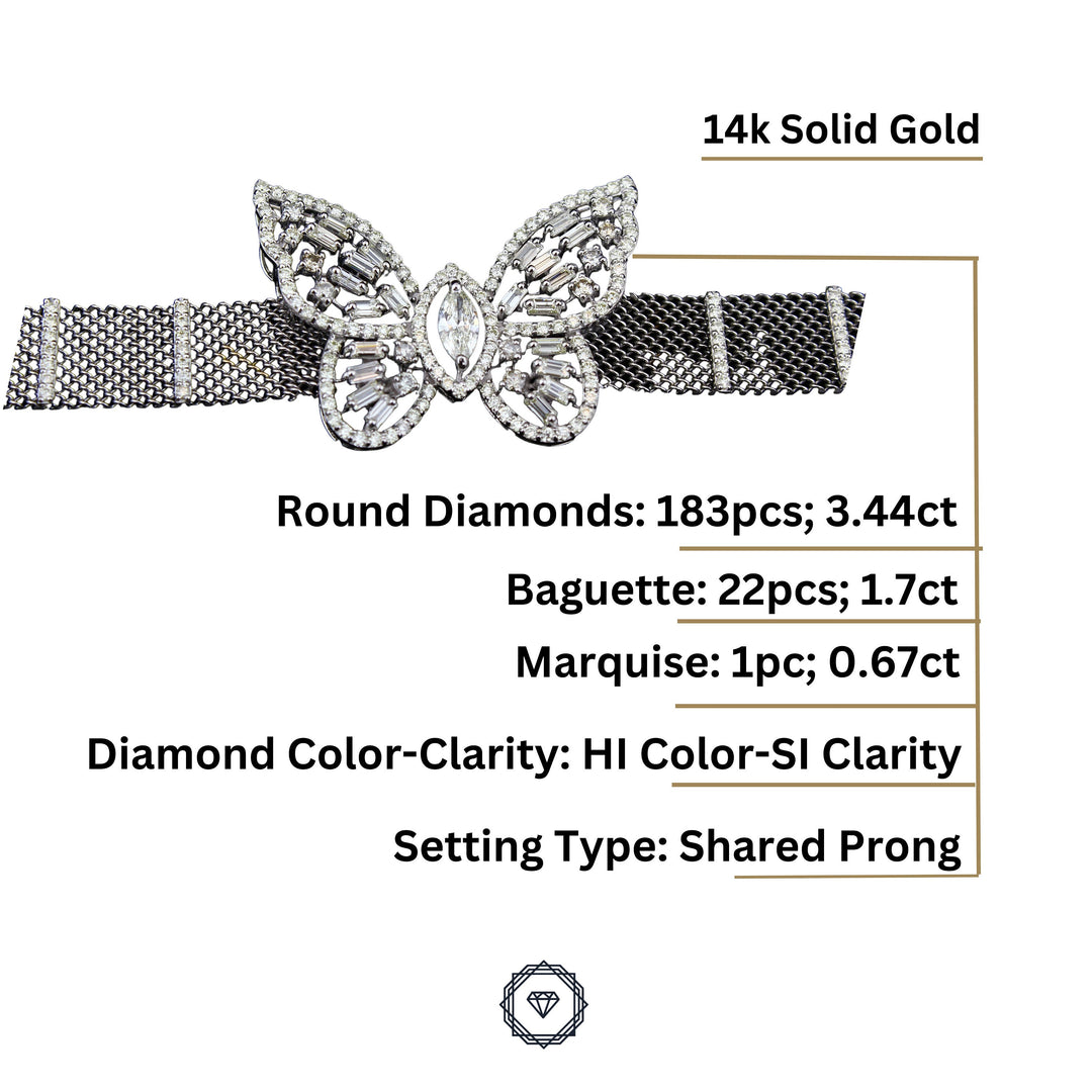 Butterfly Diamond Tennis Broad Bracelet in 14k Solid Gold, Marquise, Moissanite Bracelet, Italian Mesh chain Cocktail Bracelet, Gift for her