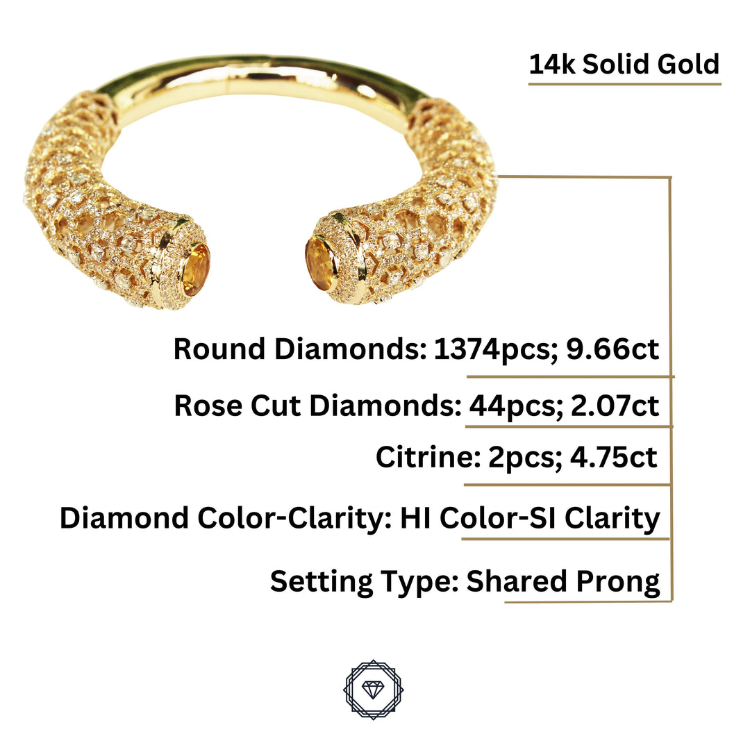 Citrine and Fancy Diamonds Cuff Bracelet, 14k Solid Gold, Moissanite Bracelet, Filigree Bracelet, Gift for her