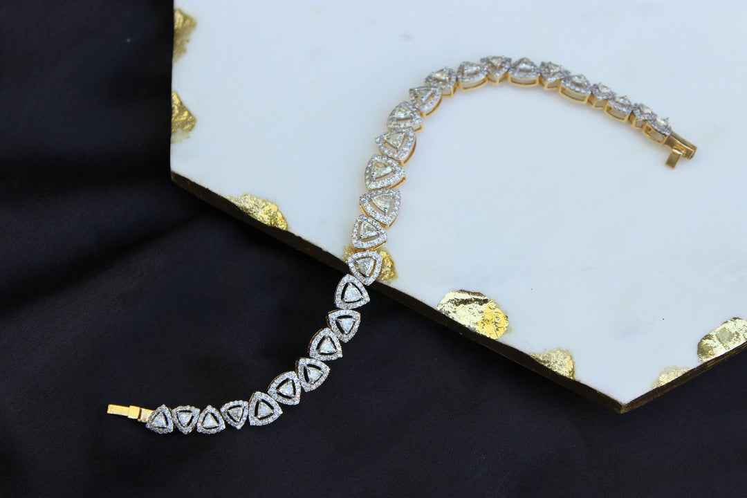 Trillion Diamond Tennis Bracelet With Halo Setting, 14k Solid Gold, Stackable Bracelet, Natural Diamonds, Bridal Jewelry, Gift for Her