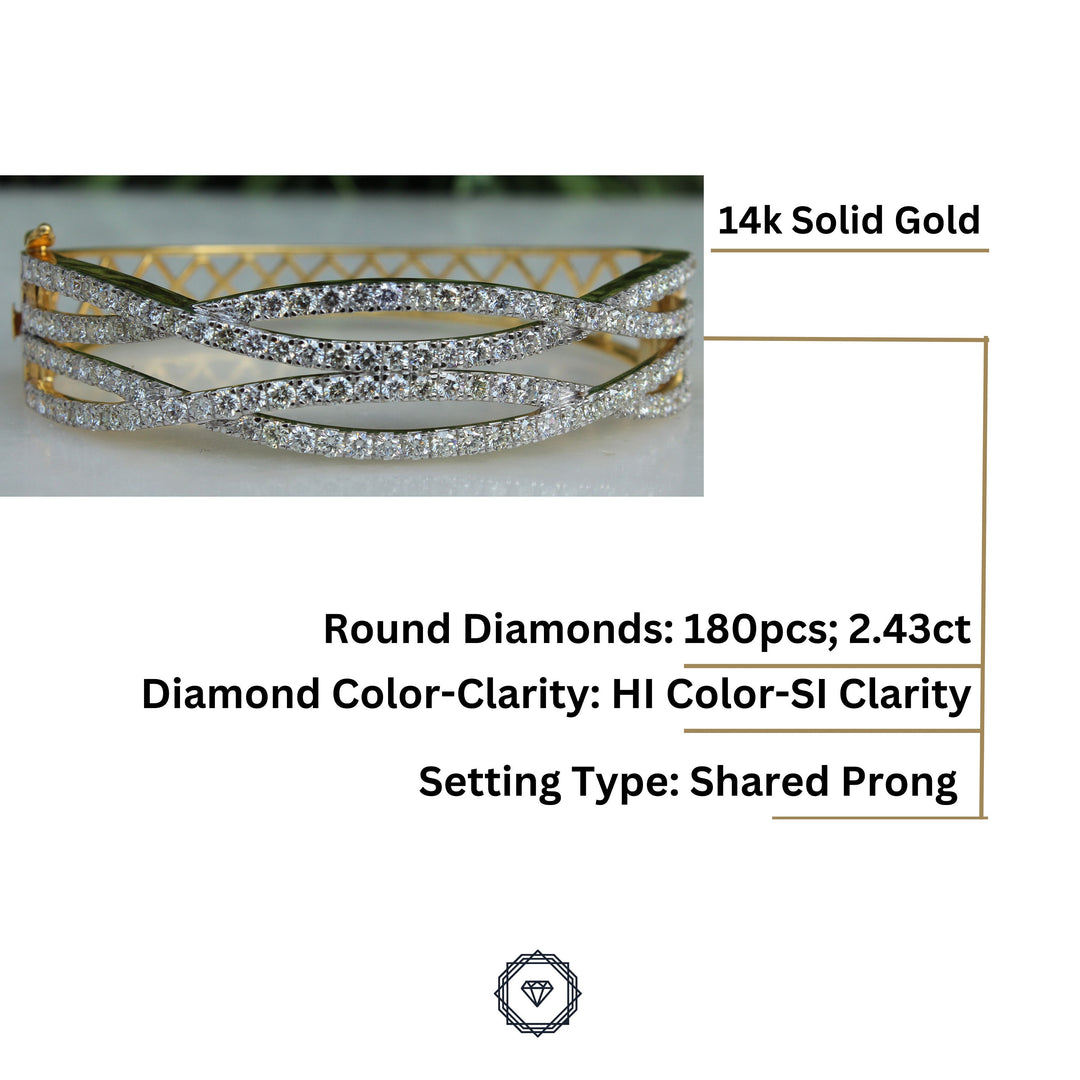 Wavy Diamond Bangle Bracelet, 14k Solid Gold, Natural Diamonds, Gift for her