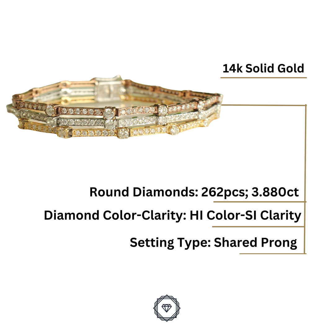 Trinity Tennis Bracelet, 14k Solid Gold, Natural Diamonds, Stacking Bracelet, Three Tone Bracelet, Pointer Eternity Bracelet, Gift For Her