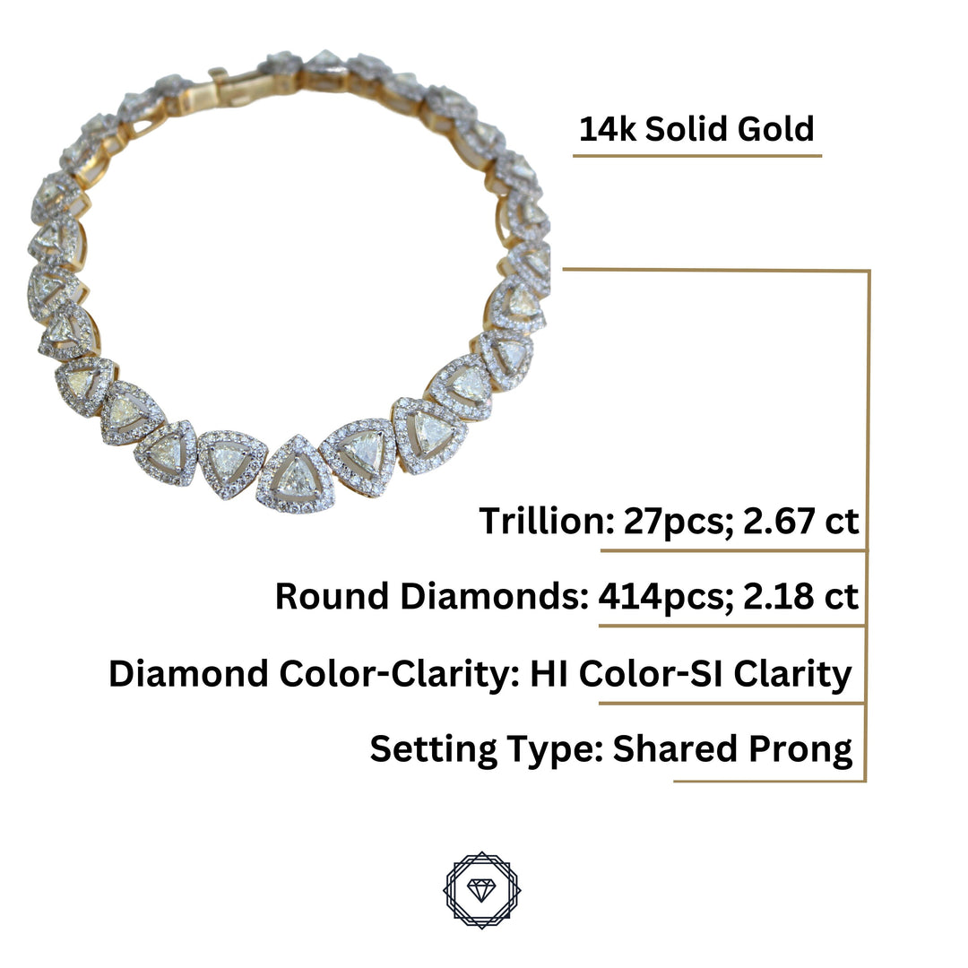 Trillion Diamond Tennis Bracelet With Halo Setting, 14k Solid Gold, Stackable Bracelet, Natural Diamonds, Bridal Jewelry, Gift for Her