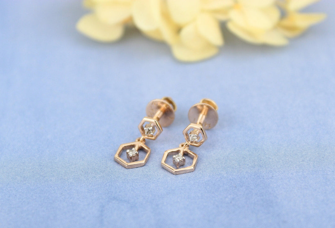 Hexagonal Small Diamond Dangle Earrings, 14k Solid Gold Minimalist Earrings, Natural Diamonds, Polygon Diamond Earrings, Gift for her
