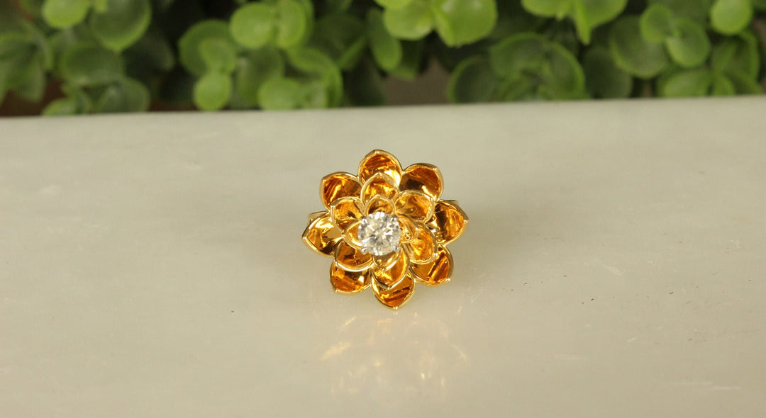 Solitaire engagement Diamond Flower Ring, 14k Solid Gold, Gold Petals Flower Ring, Natural Diamonds, Gift for her