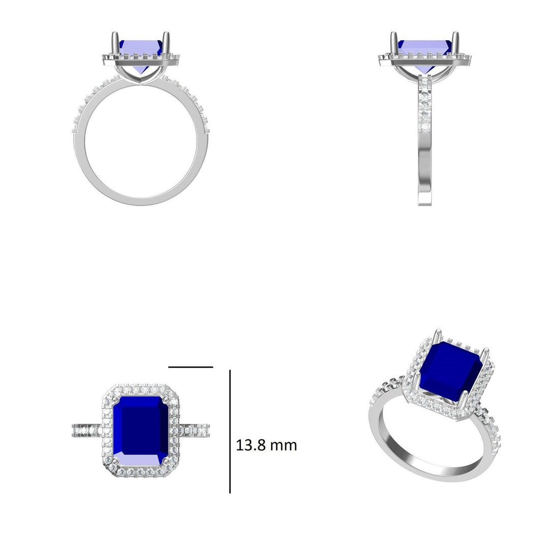 Blue Sapphire Halo Diamond Ring, 14k Solid Gold, Natural Diamonds, Emerald Cut Gemstone Ring, Engagement Ring, Ready To Ship