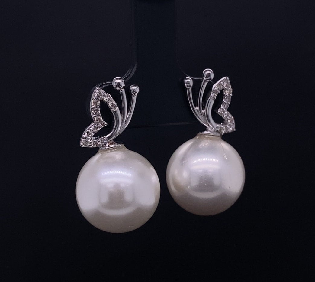 Butterfly Pearl Stud Earrings, Natural Diamonds, Gemstone Earrings, 14k Solid Gold, Gift For Her