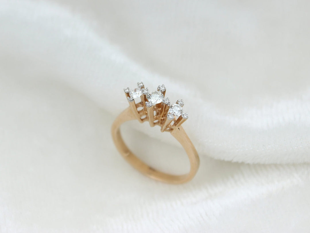 Triple Diamond Ring in 14K Solid Gold, Round Solitaire Natural Diamonds, Gift for her