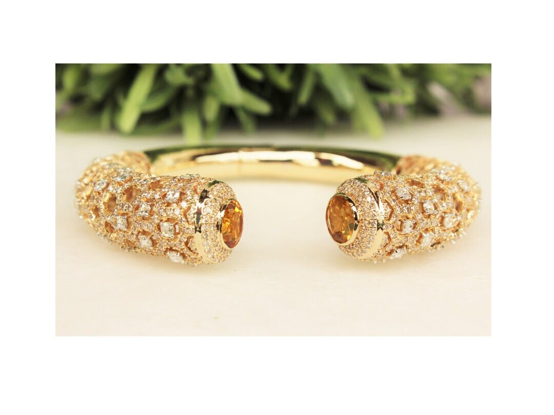 Citrine and Fancy Diamonds Cuff Bracelet, 14k Solid Gold, Moissanite Bracelet, Filigree Bracelet, Gift for her