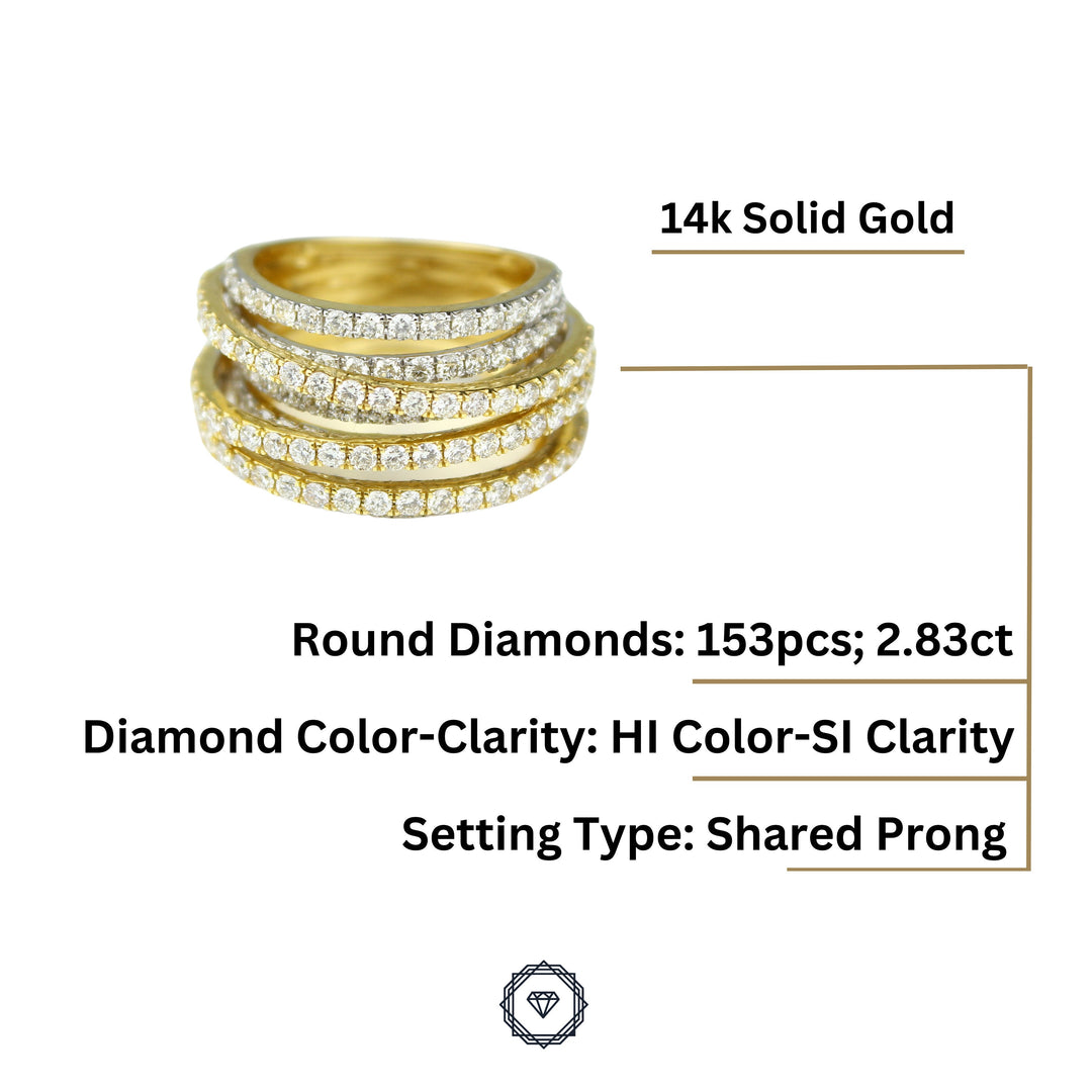 Wide Band Ring with multiple rows of Natural Diamonds, 14K Solid Gold, Cocktail Band, Gift for Her
