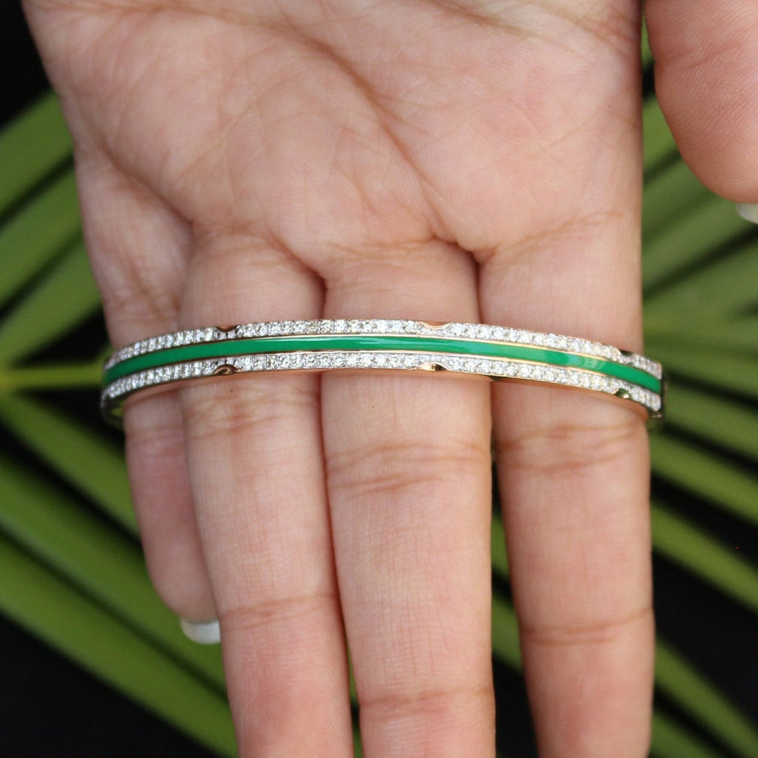 Green Enamel Diamond Bangle Bracelet, 14k Solid Gold, Natural Diamonds, Statement Cuff Jewelry, Minimalistic Stackable Bangle