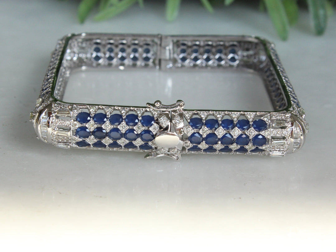 Blue Sapphire Diamond Bangle, Square Bangle Bracelet in 14K Solid Gold, Fancy Diamond Cocktail Bracelet, Natural Diamonds, Gift for Her