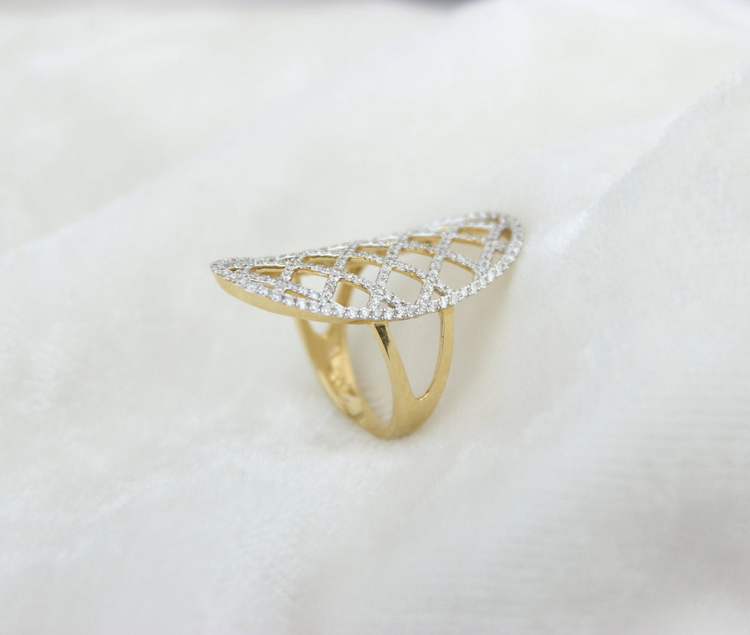 Oval Shaped Net Diamond Ring, Elongated 14k Solid Gold Ring, Natural Diamonds, Gift For Her