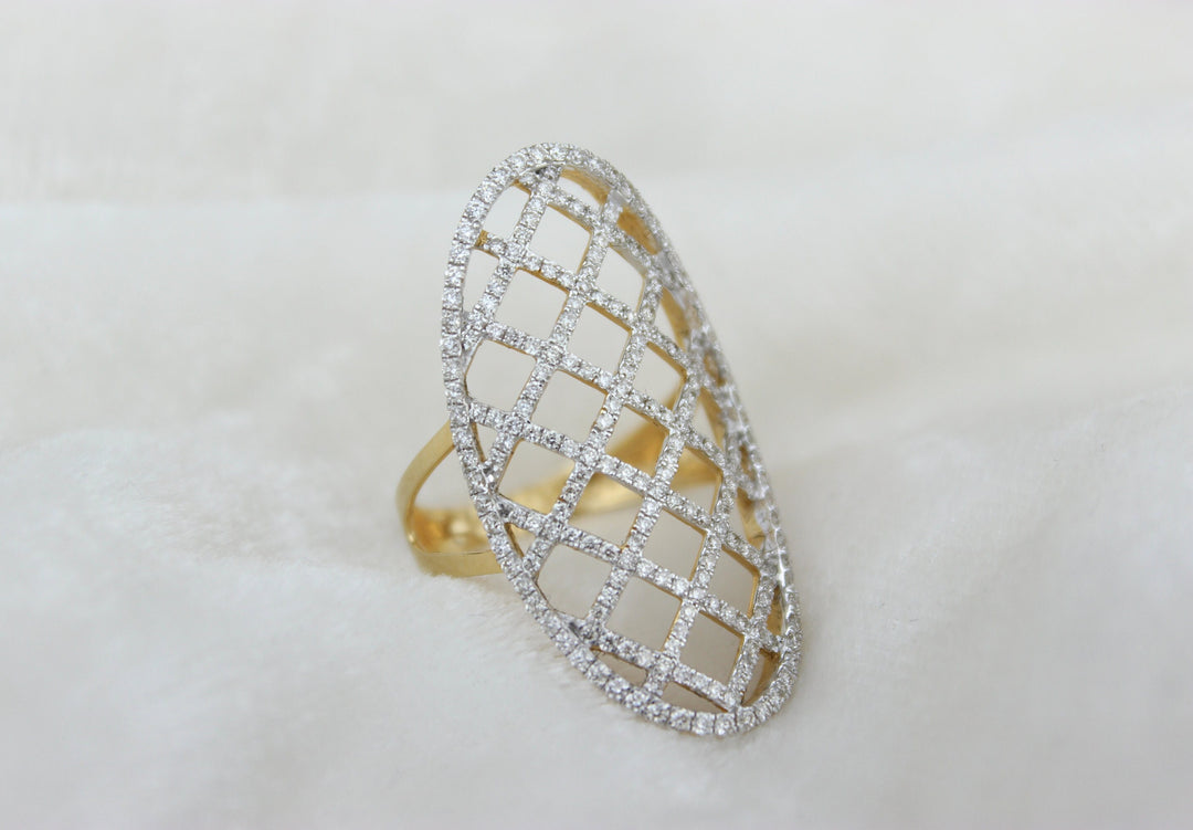 Oval Shaped Net Diamond Ring, Elongated 14k Solid Gold Ring, Natural Diamonds, Gift For Her