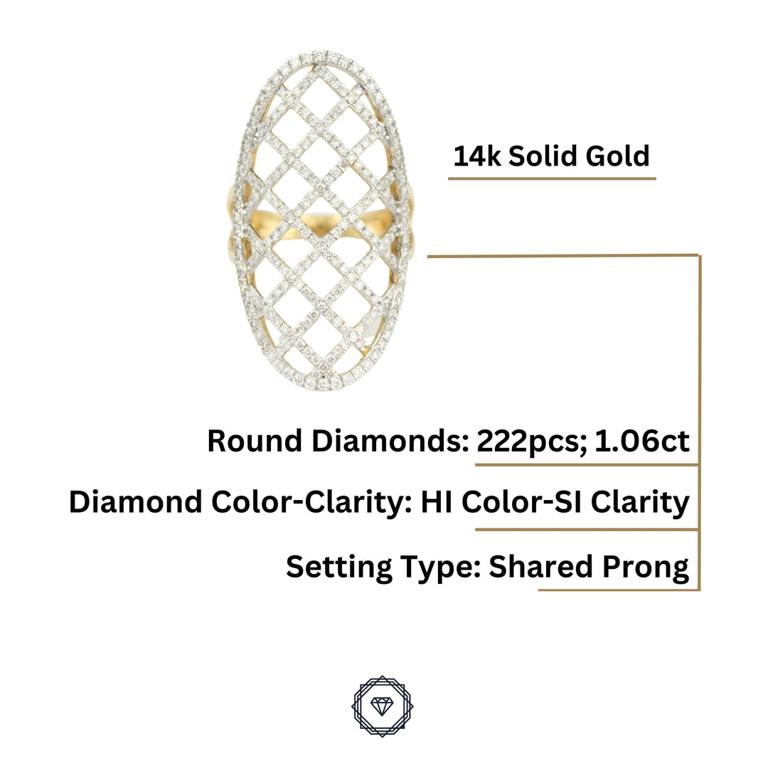 Oval Shaped Net Diamond Ring, Elongated 14k Solid Gold Ring, Natural Diamonds, Gift For Her
