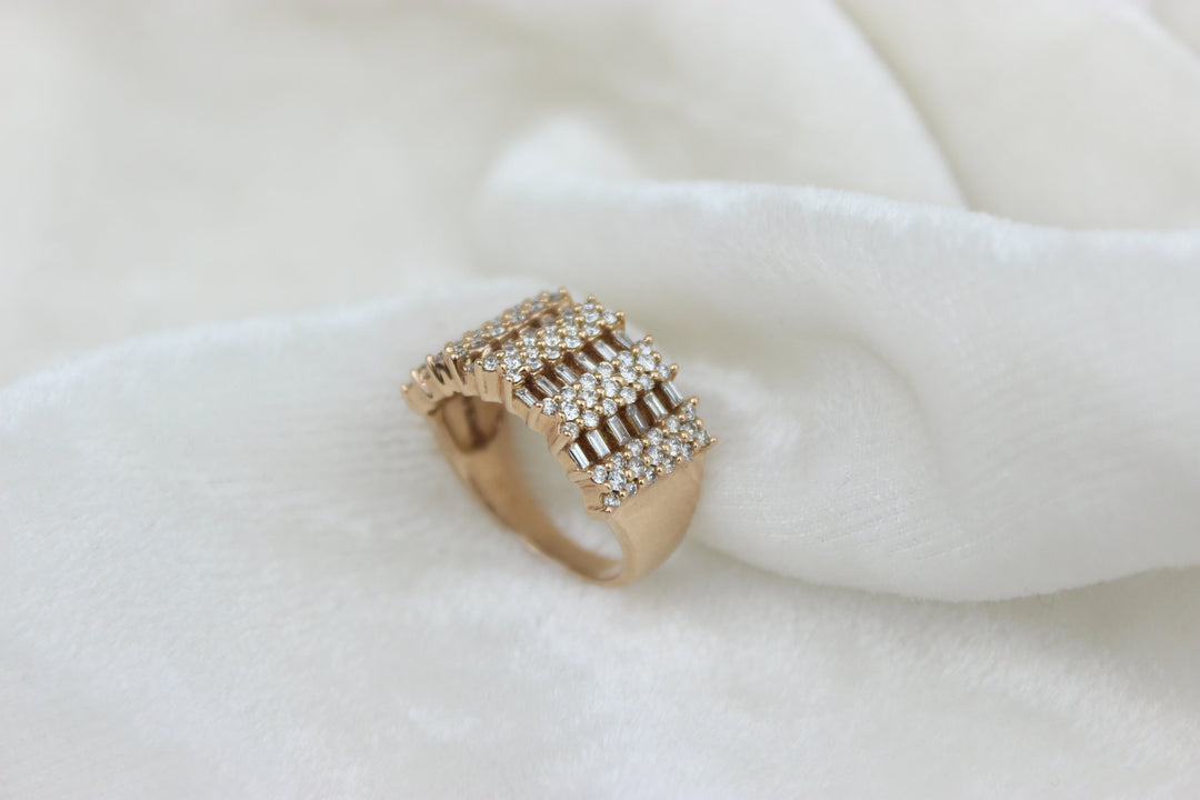 Round and Baguette Diamond Ring In 14K Solid Gold, Half Eternity Band, Natural Diamonds, Cocktail Ring, Gift for her