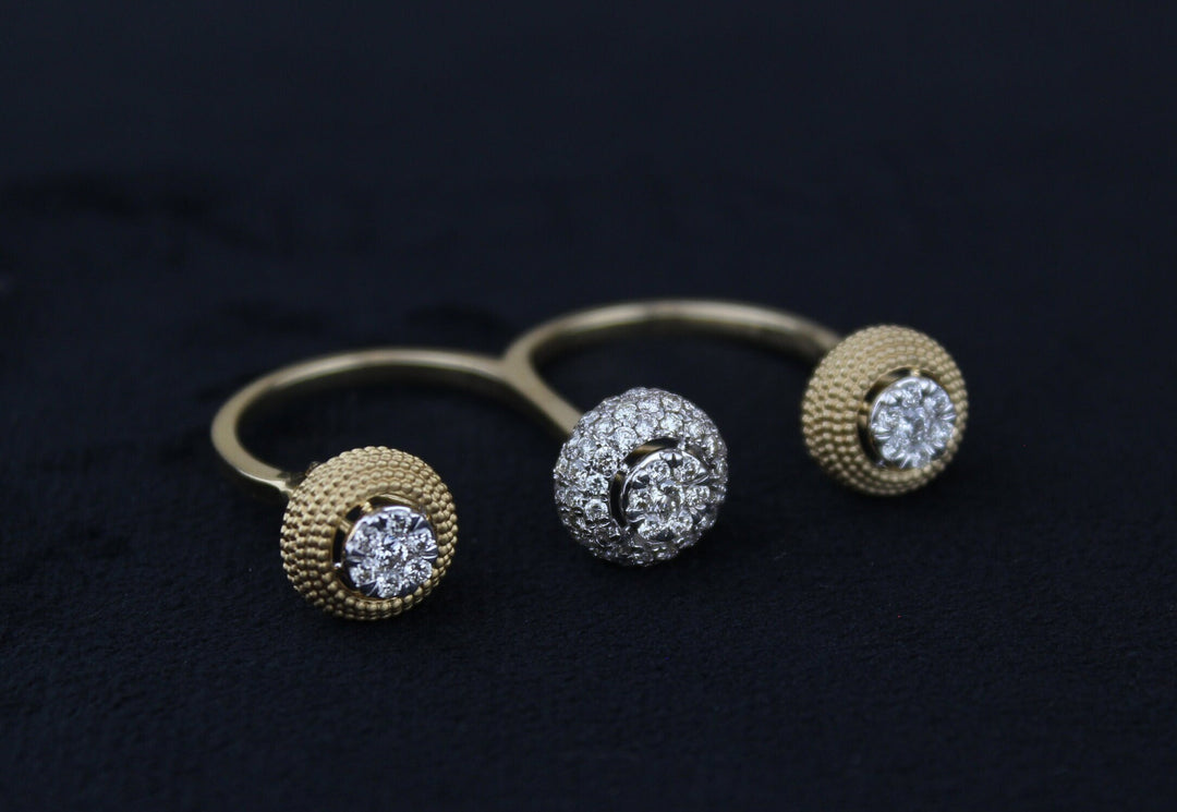 Two Finger Gold Diamond Ring, Diamond Cuff Ring, Dual Tone Ring, 14K Solid Gold Band,  Natural diamond, Centre Open Ring