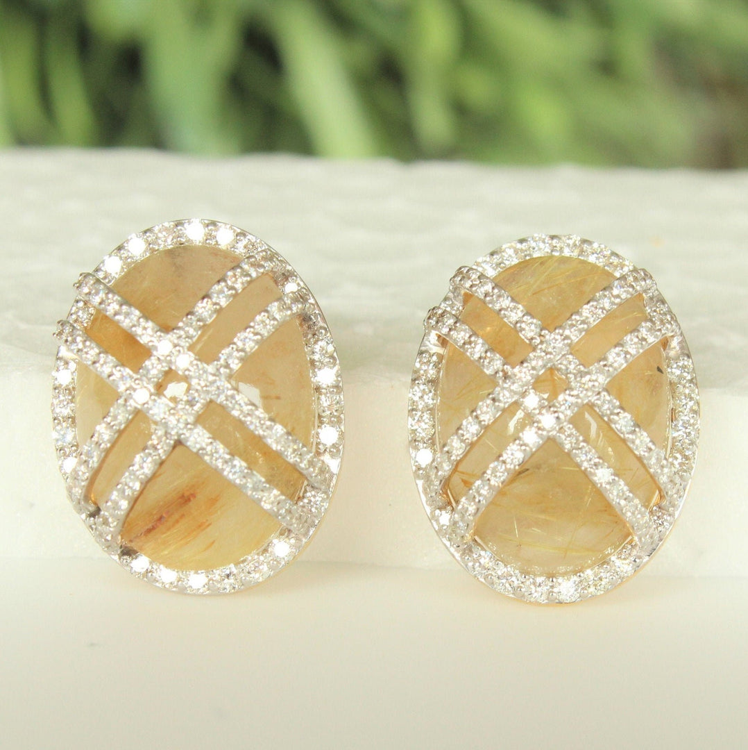 Oval Shaped Golden Rutile Quartz Earrings with Diamonds, Natural Diamonds, 14k solid Gold, Natural Gemstone Earrings, Gift For Her
