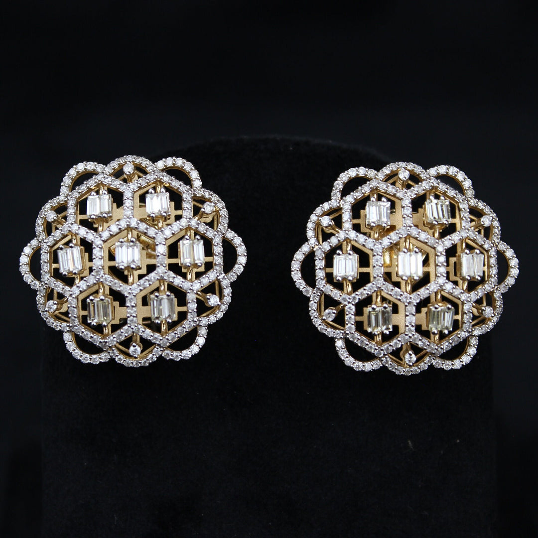 Floral Design Stud Earrings, Baguettes and round Diamond Earrings, 14k Solid Gold, Natural Diamonds, Gift for her