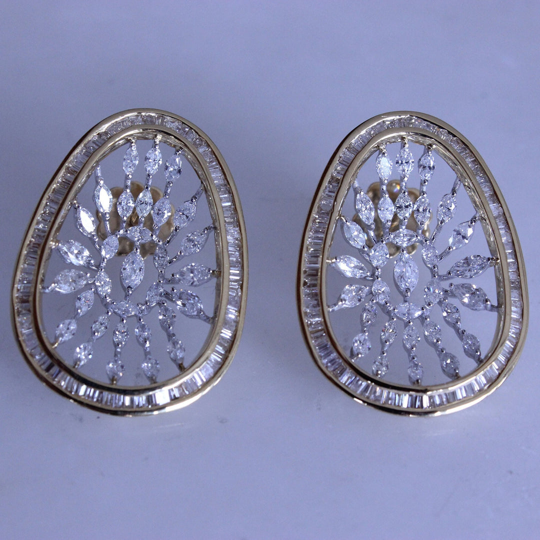 Asymmetrical Design Diamond Earrings, Marquise & Baguette Diamond Earrings, 14k Solid Gold, Natural Diamonds, Dual Tone, Gift for her