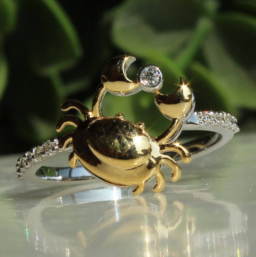 Zodiac Crab Diamond Ring, 14k Solid Gold, Natural Diamonds, Cancerian Sign, Minimalist Everyday Jewelry, Ready To Ship