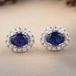 Load image into Gallery viewer, Oval Blue Sapphires Earrings with Diamond Halos, Gemstone Stud earrings, 14K Solid Gold, Natural Diamonds, Gift for her
