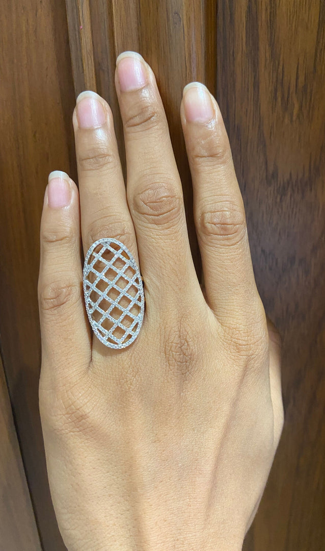 Oval Shaped Net Diamond Ring, Elongated 14k Solid Gold Ring, Natural Diamonds, Gift For Her