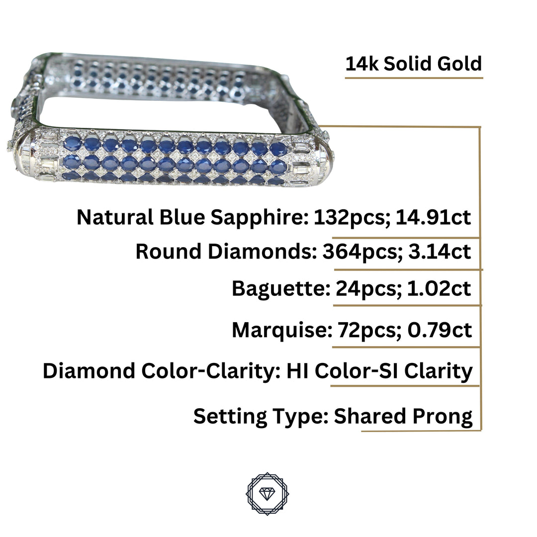 Blue Sapphire Diamond Bangle, Square Bangle Bracelet in 14K Solid Gold, Fancy Diamond Cocktail Bracelet, Natural Diamonds, Gift for Her