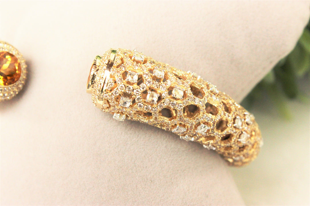 Citrine and Fancy Diamonds Cuff Bracelet, 14k Solid Gold, Moissanite Bracelet, Filigree Bracelet, Gift for her